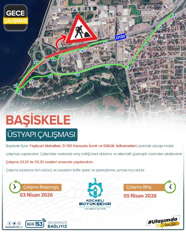 Başiskele’de D-130’da gece mesaisi: Trafik düzenlemesi