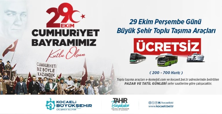 Kocaeli’de 29 Ekim’de toplu taşıma ücretsiz