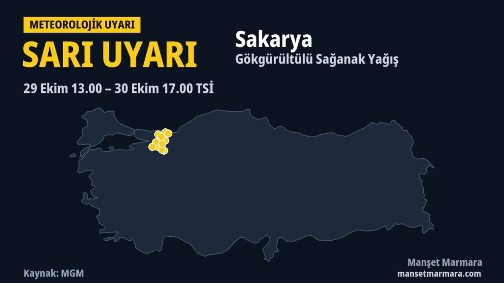 Sakarya için sarı meteorolojik uyarının kapsadığı yerleri gösteren Türkiye haritası (MGM verisi)